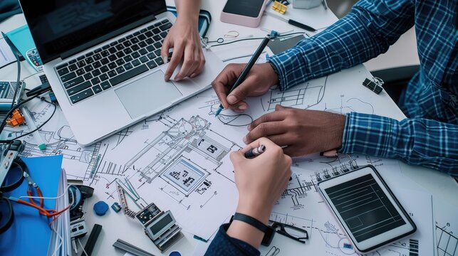 Engineers Collaborating on Project Plans at Workstation