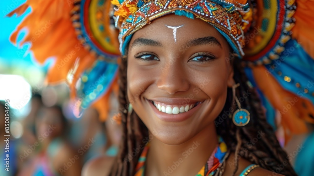 Wall mural Smiling Woman in Colorful Carnival Costume at Outdoor Festival