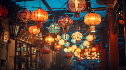 Traditional Colorful Lanterns and Decorations, Chinese Mid-Autumn Festival with Kodak Filter, Asia Festival lanterns