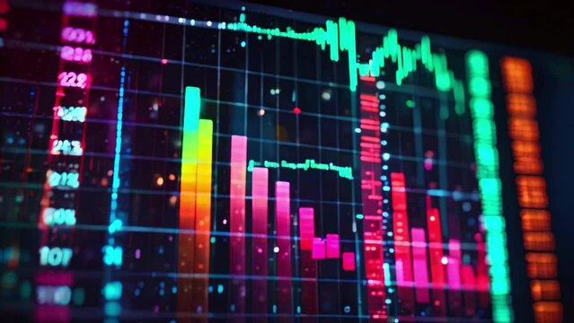 A stock market chart with green and red bars representing