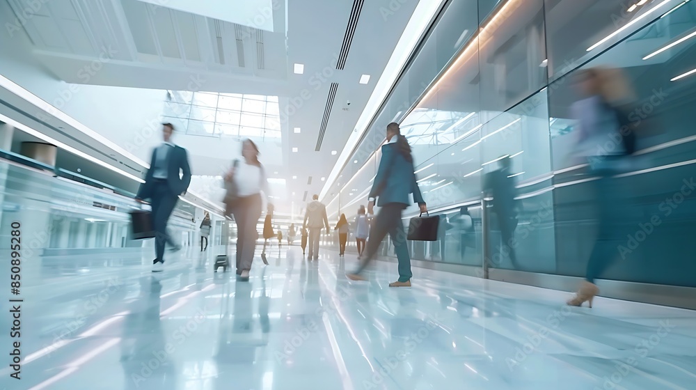 Aufkleber business people walking in the corridor of an business center pronounced motion blur crowded bright 