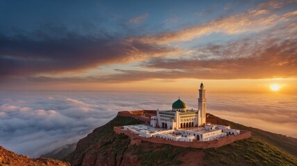 Moroccan mosque on top of a cliff, sunset in the background, Eid al-Adha, Feast of Sacrifice.