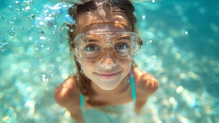 Naklejka premium Close-Up of Cute Little Girl Wearing Snorkel Mask in Clear Blue Water