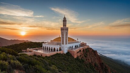 Moroccan mosque on top of a cliff, sunset in the background, Eid al-Adha, Feast of Sacrifice.