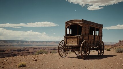 Obraz premium Old West wagon, canyons in the background.