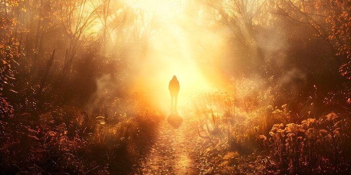 Artistic portrayal of person on path of righteousness with ethereal light. Concept Spiritual Journey, Ethereal Light, Artistic Portrayal, Path of Righteousness