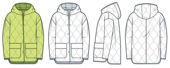 Hooded Down Jacket technical fashion Illustration. Quilted Padded Jacket fashion flat technical drawing template, button, front, side and back view, white, lime color, women, men, unisex CAD mockup. © Liubov Hladka