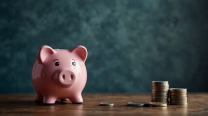 Pink piggy bank and stack of coins, savings and investment concept.
