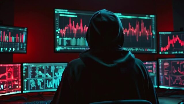A hacker in a dark hoodie is sitting in front of a wall of computer screens showing green and red graphs and charts.