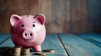 Pink piggy bank and stack of coins, savings and investment concept.