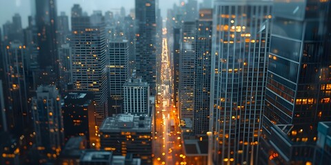 Twilight cityscape photo with lit skyscrapers bustling streets and city lights. Concept Twilight Photography, Cityscape, Skyscrapers, Urban Lights, Evening Scenes