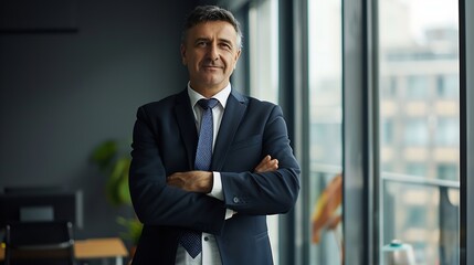 Fototapeta premium Happy confident mature 45 years old business man investor standing in office looking away Middle aged rich business owner male ceo executive leader wearing suit at work thinking on fut : Generative AI