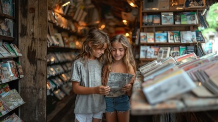 Obraz premium Cute Little Brother And Sister Laughing While Reading A Magazine In A Cozy Bookstore