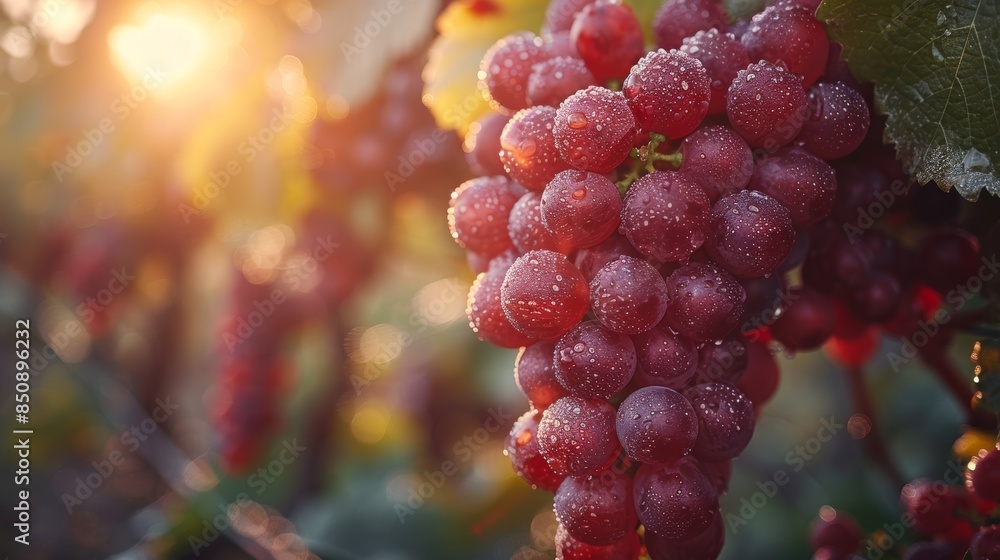 Wall mural Close-Up of Ripe Red Grapes in a Sunlit Vineyard at Dawn During Harvest Season