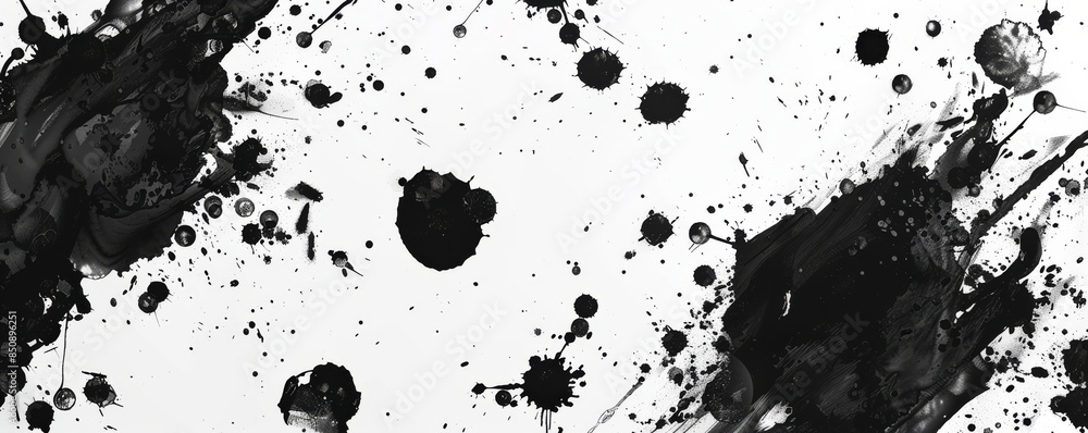 Poster black ink splattering on white background creating abstract shapes