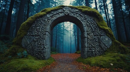 Obraz premium Stone portal in medieval forest, stone portal with nordic patterns, fantasy, fiction concept.