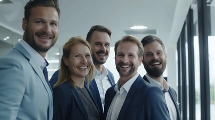 Obraz premium Portrait of a group of joyful happy business people men and women having fun and looking cheerful at camera standing in office Company employees team or a group of staff happy to make : Generative AI