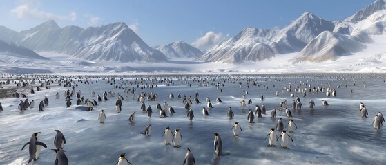 Fototapeta premium AI generator image of many penguins are gathering amid a large sheet of ice of the polar area