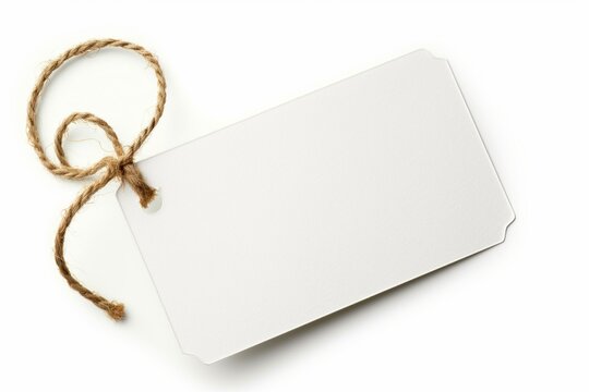 A high-quality image showing a blank tag with a natural fiber string on a pure white background, suggesting simplicity and elegance