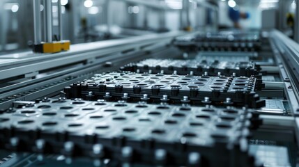 EV Battery Production Factory. Close-up of Lithium-ion High-voltage Battery Components for Electric Vehicle or Hybrid Car. Battery Module for Automotive Industry Production Line.
