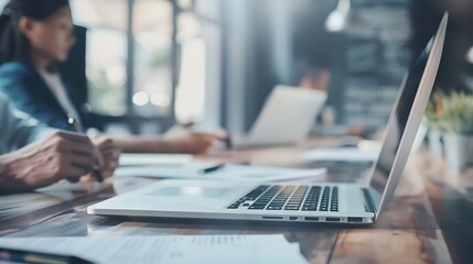 Diversity of teamwork laptop and coaching with business people in meeting for project management review or planning Indonesian business people collaboration in healthy work environment : Generative AI