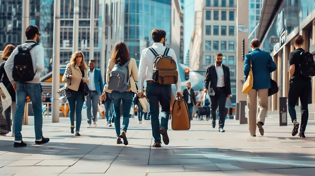 Business people group and conversation in city on walk for commute to workplace with questions by buildings Men woman and employees with bag outdoor and discussion for travel on metro  : Generative AI