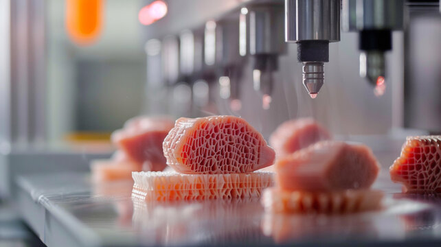 Meat being processed in factory machine