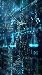 Digital Justice: Lady Justice Statue amidst Binary Code Background
