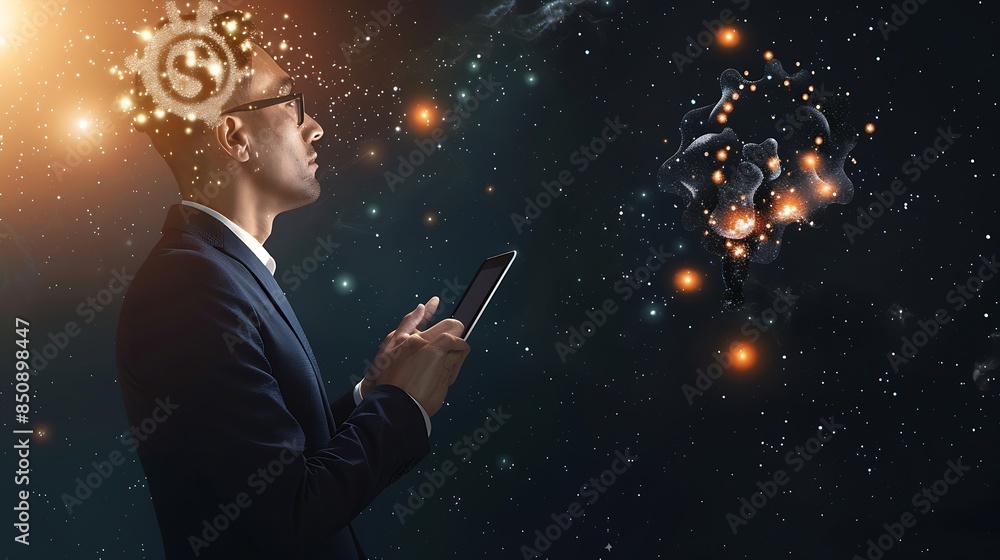 Poster Business thinking and man with tablet ideas or opportunity with decision choice or laptop Person financial advisor or employee with tech thoughts or problem solving with solution or di : Generative AI