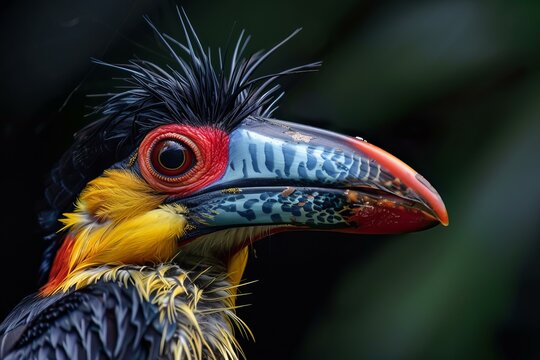 Closeup wildlife portrait of a colorful curlcrested aracari bird with vibrant feathers and a detailed beak. Against a bright black background in the south american rainforest