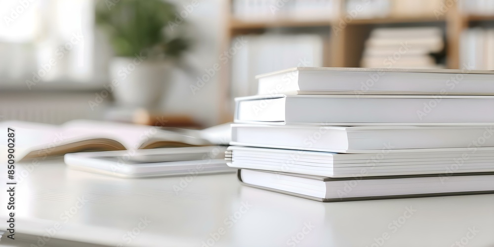 Poster neat stack of textbooks and reference materials on a desk for studying. concept study environment, d