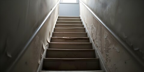 Exploring a Spooky Basement Old Staircase, Flickering Light, and Peeling Wallpaper. Concept Abandoned Building, Creepy Atmosphere, Dark Corners, Eerie Decor, Mysterious Shadows