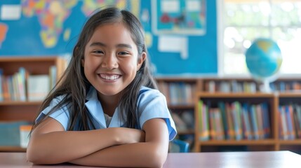 Happy Pacific Islander Elementary School Girl Smiling in Classroom Setting - Education, Diversity, Learning Environment, Background with Books and Globes