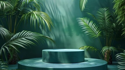 Obraz premium Podium palm leaves green color background product platform abstract stage texture tropical spotlight. Palm leaves floor podium empty room table palm leaves wall scene place display studio.