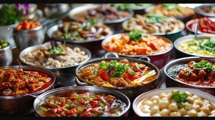 Obraz premium Mixed Chinese Dishes in Bowls at Buffet
