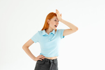 Gosh why me. Portrait of unhappy displeased and annoyed young arrogant woman in blue top...