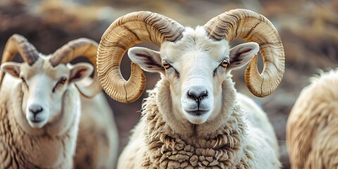 Obraz premium Male ram smiling and giving thumbs up wide banner with copy space. Concept Nature, Wildlife, Ram, Smiling, Thumbs Up