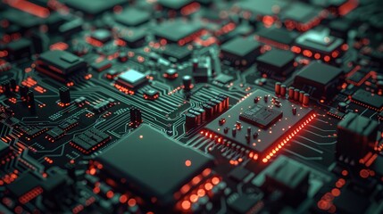 Obraz premium High-Tech Circuit Board with Glowing Red Lights