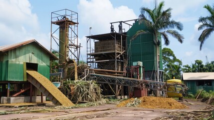 Fototapeta premium Sugar Cane Processing Plant Amidst Greenery