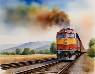Obraz premium Watercolor Steam Train - Nostalgic Journey Through Countryside