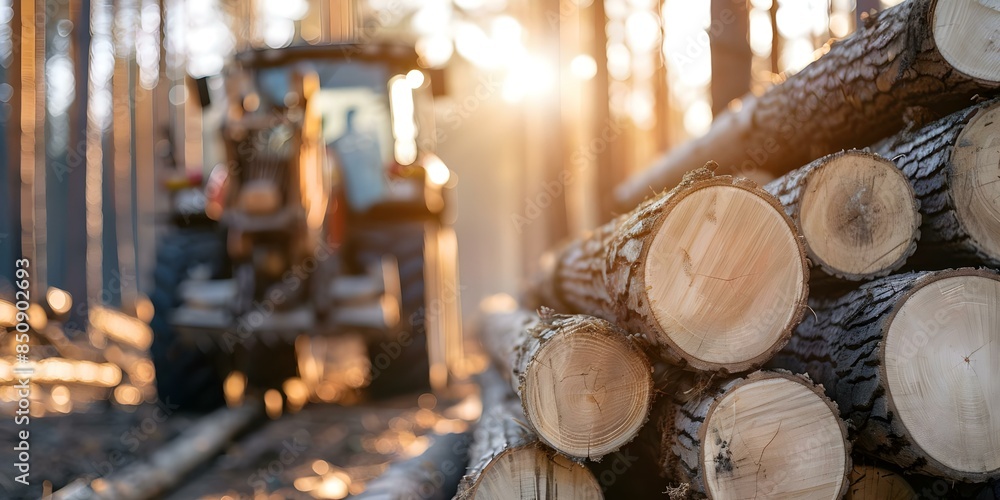Poster using a tractor loader grab crane for transporting coniferous logs in deforestation operations. conc