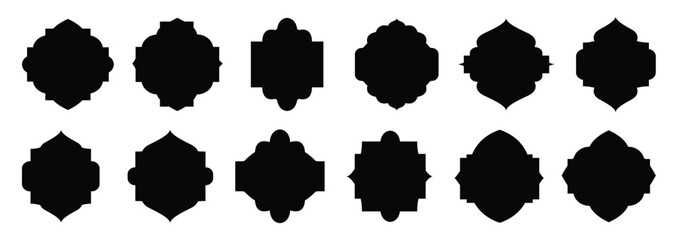 Shape Islamic door and window silhouette Arabic arch. Elegant Islamic frame shape. Frames in Arabian Muslim design for Ramadan Kareem. Vector mosque gate shape isolated on white