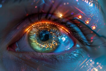 Closeup of a digitally enhanced human eye concept, with cyberspace elements