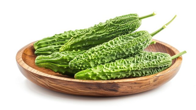 Green bitter cucumber or Chinese bitter melon on a wooden plate against a white background