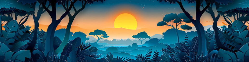 wide panoramic paper cut scrap jungle illustration with layers of trees plants and leaves in green color tones with 3D depth