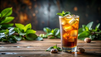 Refreshing drink, iced tea with ice in glass on a wooden table on a green concrete background. Summer drinks. Soft drinks