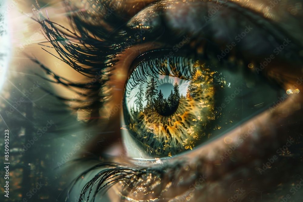 Poster closeup of an eye with a vivid reflection of trees, symbolizing a deep connection with nature