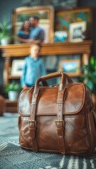 There is a brown suitcase on a wooden table next to a blue door