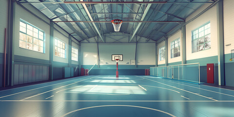 Empty basketball game court background. Modern University Gymnasium Athletic Energy Dynamic Concept. 

