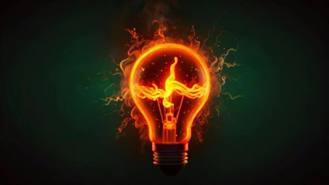 The video is of a light bulb made of fire. The bulb is on and the filament is glowing. The background is dark.